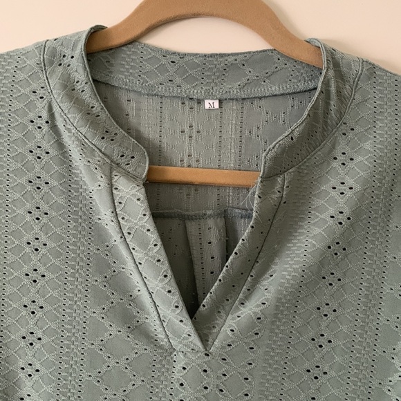 Hello Pink, Notched Flounce Sleeve Eyelet Top. Sage Green, easy flowing shirt - Picture 2 of 7